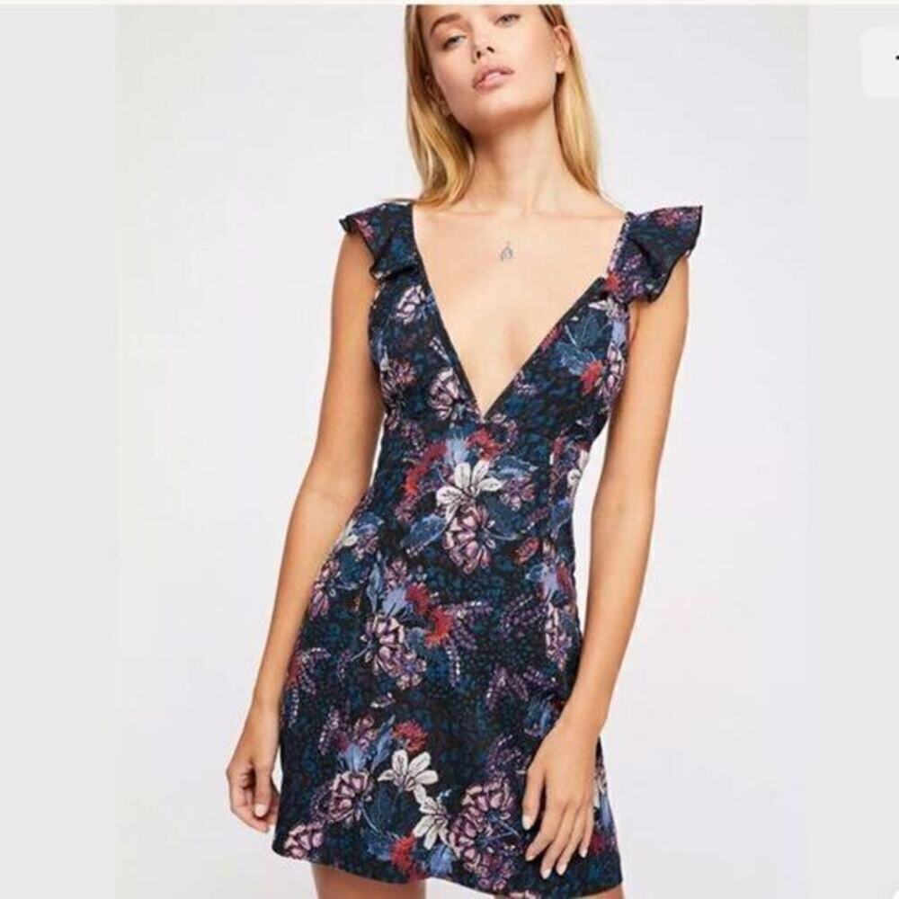 Free People navy floral low back ruffle‎ strap mini dress